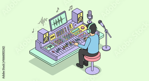 Isometric illustration of a sound engineer with headphones working at a colorful mixing console in a recording studio.