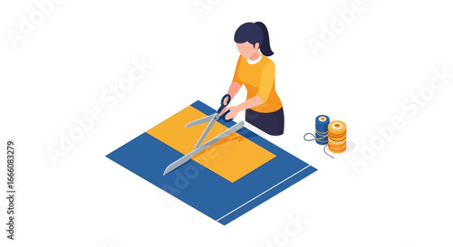 Isometric illustration of a woman with a ponytail cutting yellow fabric with large scissors.