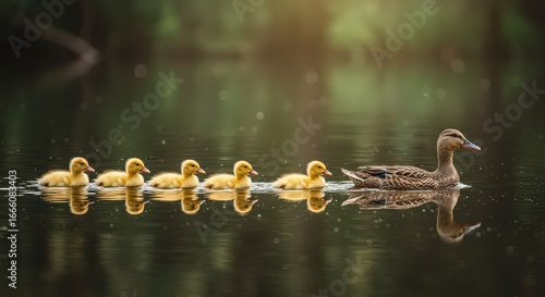 Wallpaper Mural A mother duck swimming in a pond followed by her line of yellow ducklings in the water together Torontodigital.ca