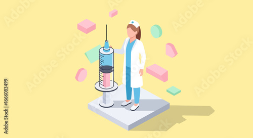Isometric Nurse with Oversized Syringe Illustration on Platform