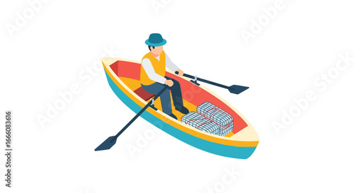 Isometric person in colorful rowboat, actively rowing with oars, carrying two fishing nets, flat design style.