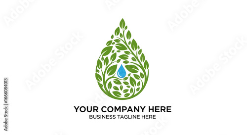Leafy Water Drop Logo with Blue Water Droplet Inside, Green Foliage