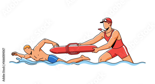 Lifeguard Assisting a Swimmer with a Life Vest