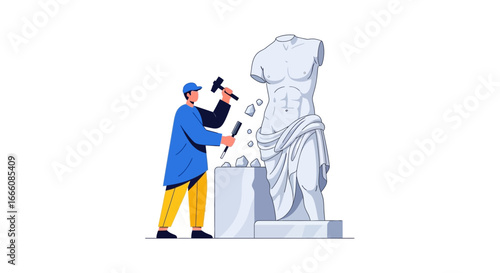 Male sculptor in a blue coat and cap carving a classical stone torso with a hammer and chisel.
