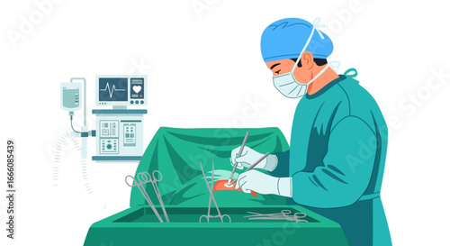 Male surgeon in sterile green scrubs and mask performing a delicate medical operation with tools.