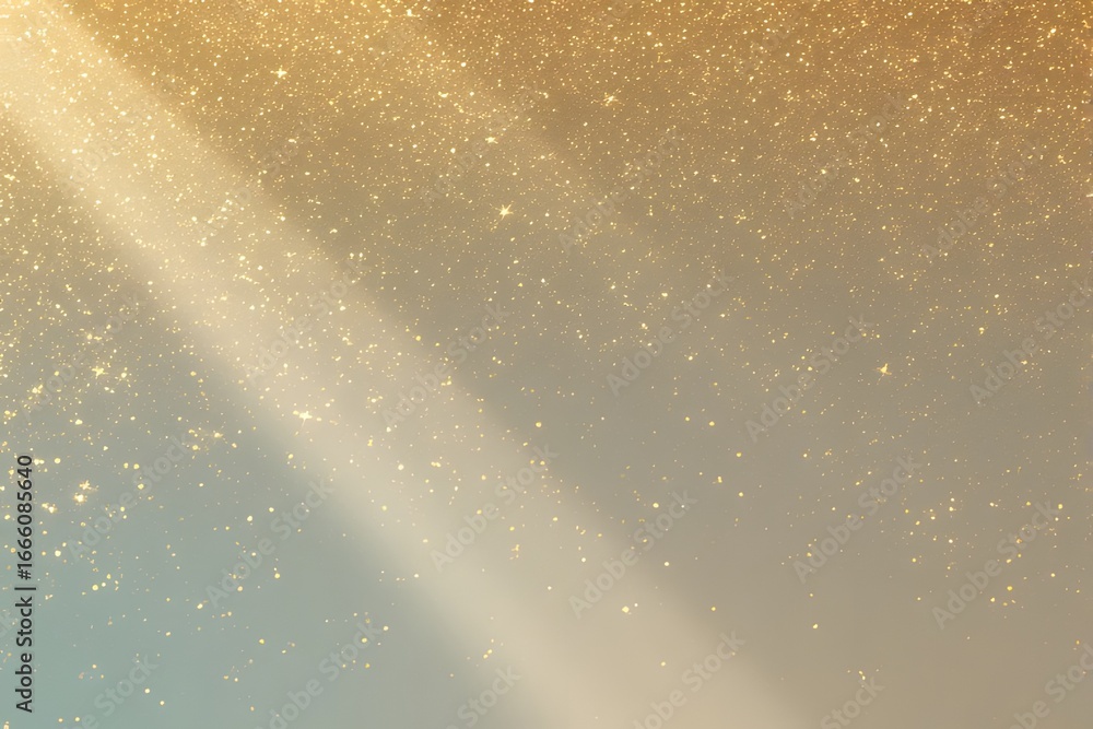 Fototapeta premium Elegant Gold Glitter Background: Shimmering Light Rays on Soft Teal and Beige Gradient.
