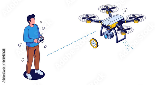 Man operating a modern quadcopter drone with camera and remote controller