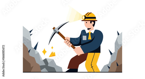 Miner in Business Suit Extracting Gemstones from Rock Face