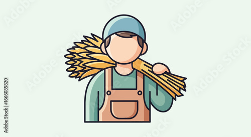 Minimalist farmer character in overalls and cap, holding a golden sheaf of wheat on his shoulder.