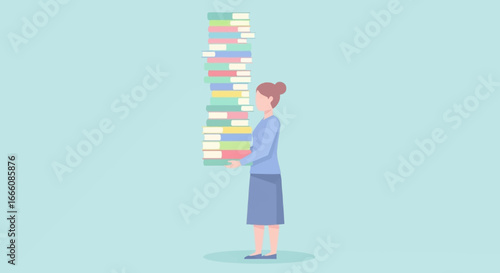 Minimalist illustration of a woman with a hair bun carrying a towering, precarious stack of colorful books.