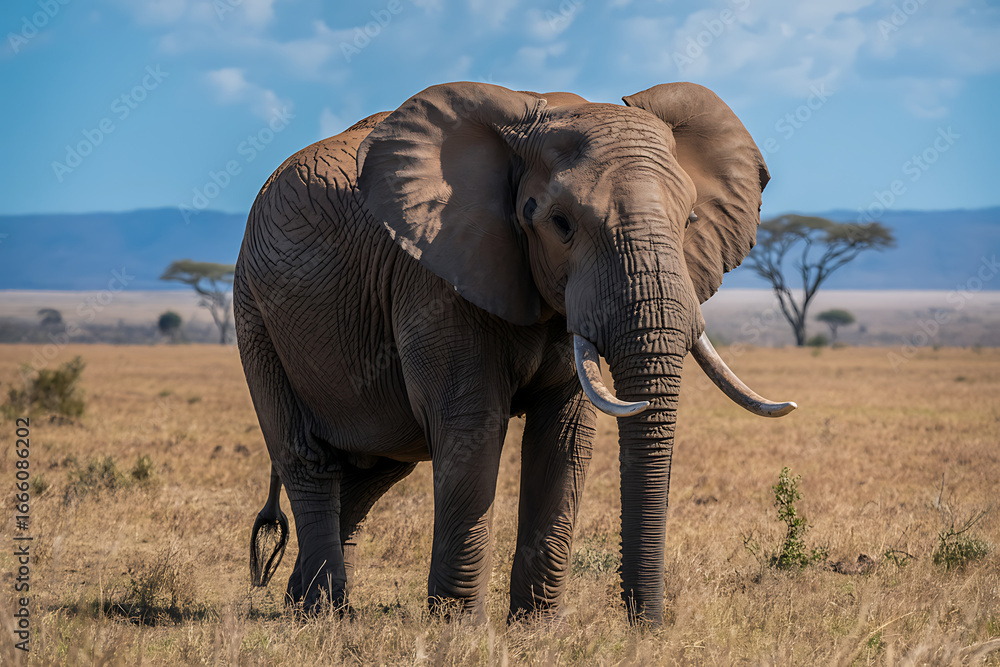 Obraz premium Majestic African elephant stands proudly in sun-drenched savanna, its powerful tusks gleaming against a backdrop of acacia trees and vast blue sky.