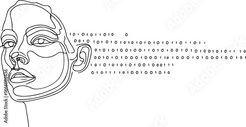 Black and white line art of a human face with binary code emanating from the ear head