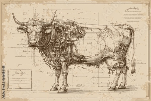 Steampunk mechanical cow blueprint on vintage sepia background