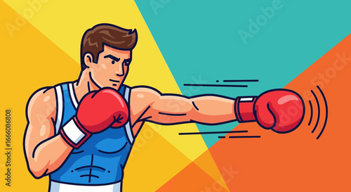 Muscular Boxer in Red Gloves Delivering a Powerful Punch