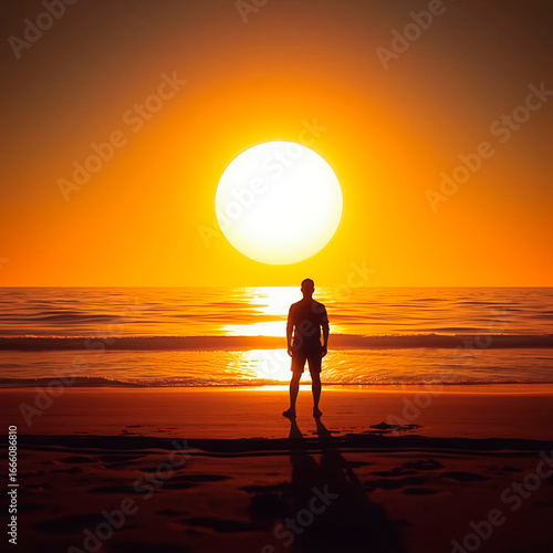 Image capturing a  ocean beach sunset, where a man stand by himself.
