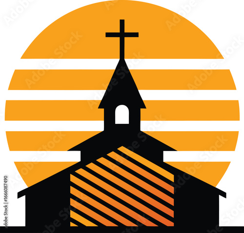 a church silhouette on retro stripe sun on white b.eps