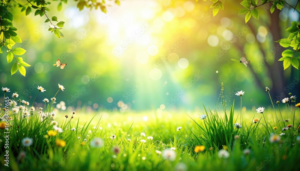 Fototapeta premium A bright and vibrant springtime scene, with rays of sunlight filtering through lush greenery, illuminating a field of wildflowers