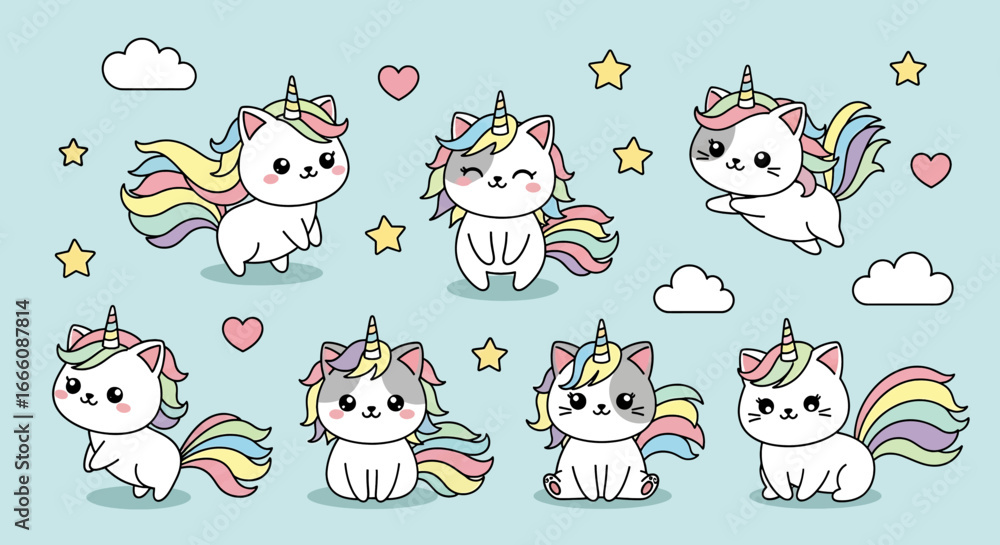 Fototapeta premium Cute cartoon illustration of cat unicorn hybrids with rainbow manes, stars, clouds, and hearts, ideal for children’s stickers, stationery, party supplies, or whimsical fantasy designs