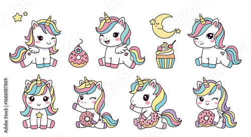 Cute cartoon illustration of unicorn characters with rainbow manes, wings, and sweets like cupcakes, donuts, and ice cream, perfect for children’s products, party decorations, or stationery designs