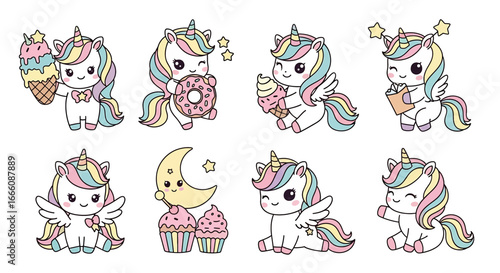 Cute cartoon illustration of unicorn characters with rainbow manes, wings, and sweets like cupcakes, donuts, and ice cream, perfect for children’s products, party decorations, or stationery designs