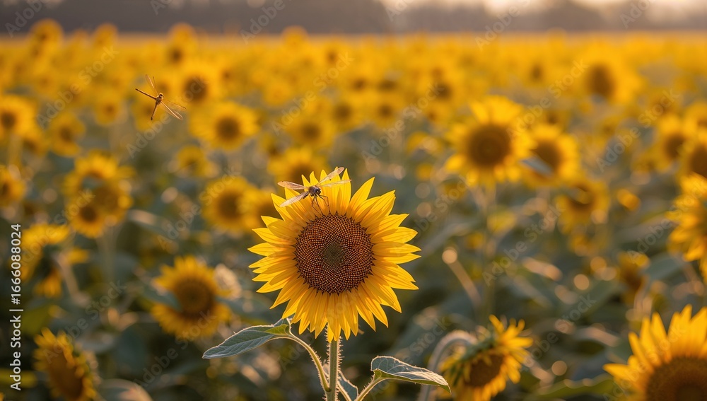 Obraz premium A vibrant field of sunflowers in warm sunlight, showcasing the detailed blossoms and dragonfly, a serene rural scene.