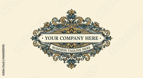Ornate vintage logo template with gold and teal floral acanthus scrolls, a central banner, and a tagline ribbon.