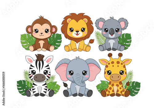 Cute cartoon illustration of safari animals including zebra, elephant, monkey, lion, koala, and giraffe with tropical leaves, perfect for children’s designs, nursery decor, stickers, and educational