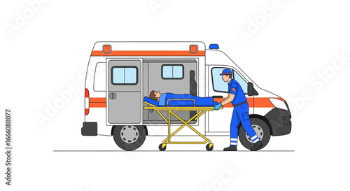 Paramedic carefully transports patient on stretcher into ambulance