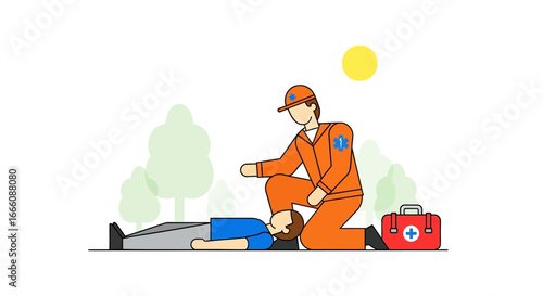 Paramedic in orange uniform attending to a person lying down