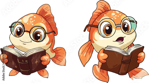 Two cartoon goldfish wearing glasses and reading a book together