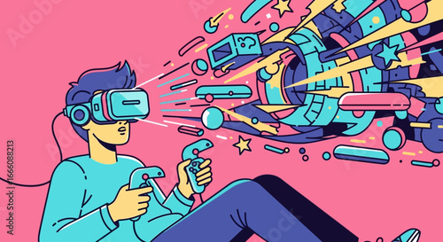 Person immersed in vibrant virtual reality experience with futuristic visuals