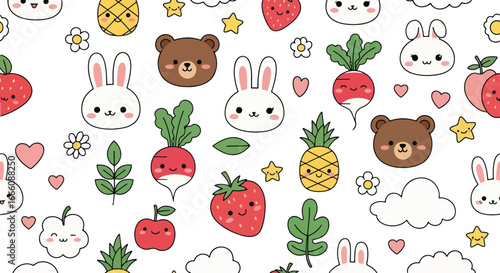 Cute seamless pattern with smiling fruits, vegetables, clouds, rabbits, and bears, perfect for children’s textiles, stationery, wallpapers, and playful decorative projects