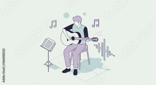 Person playing acoustic guitar with musical notes and sound waves