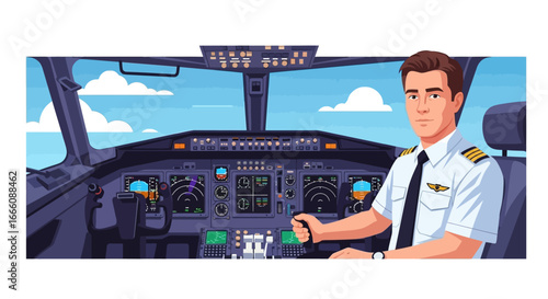 Pilot in Cockpit of Modern Airplane, Ready for Flight