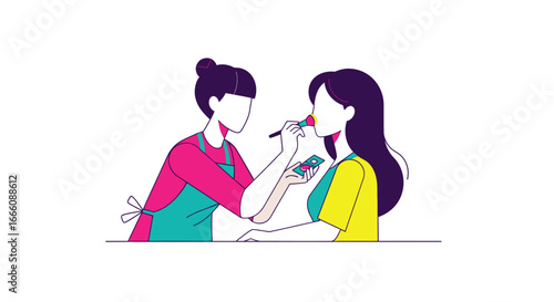 Professional makeup artist applying blush to client's cheek in vibrant flat illustration style