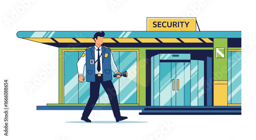 Professional male security guard in uniform, walking with flashlight, flat vector illustration