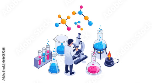 Scientist using a microscope in a laboratory setting surrounded by various glassware containing colorful liquids and molecular structures.