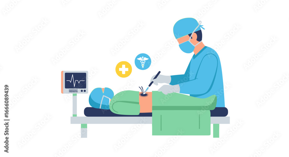Skilled surgeon performing delicate abdominal surgery on patient, flat vector medical illustration. Skilled surgeon performing delicate abdominal surgery on patient, flat vector medical illustration.