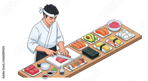 Skilled Sushi Chef Preparing Fresh Ingredients for Delicious Japanese Cuisine