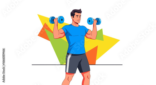 Smiling athletic man in a blue t-shirt and grey shorts lifting two blue dumbbells for a bicep curl exercise.