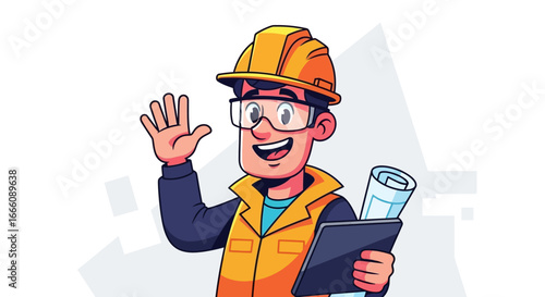 Smiling cartoon construction worker in a yellow hard hat and vest, waving while holding blueprints and a tablet.