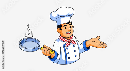 Smiling cartoon chef in a white uniform and toque, holding a steaming frying pan with a welcoming gesture.
