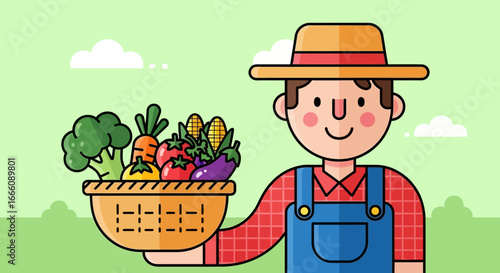 Smiling cartoon farmer in straw hat and blue overalls holding a woven basket filled with colorful fresh vegetables.