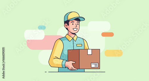 Smiling Delivery Man Holding Cardboard Box in Uniform