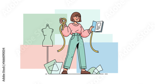 Smiling Fashion Designer with Measuring Tape and Design Book