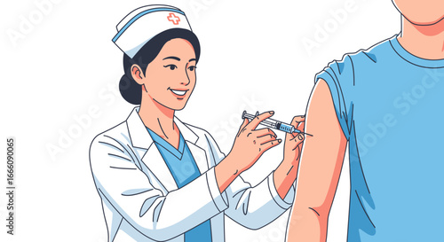 Smiling Female Nurse Administering Injection, Wearing White Coat and Cap