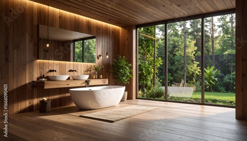 Modern wooden bathroom with garden view (1)