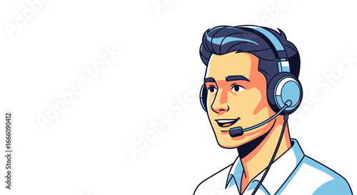 Smiling man with headset and microphone, ready for customer service