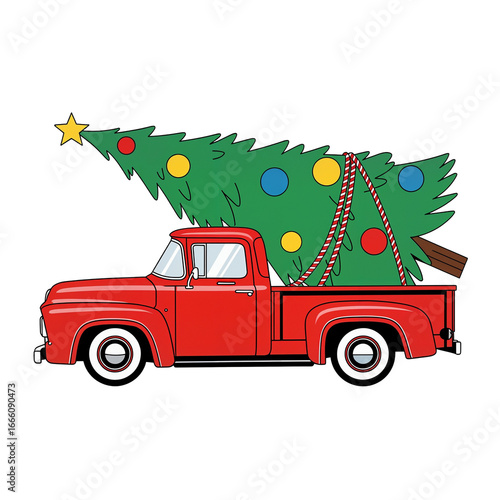 lassic Red Christmas Tree Pickup Truck with Fresh Evergreen Foliage