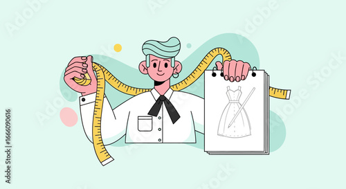 Stylish fashion designer with mint green hair holding a measuring tape and a dress sketch.